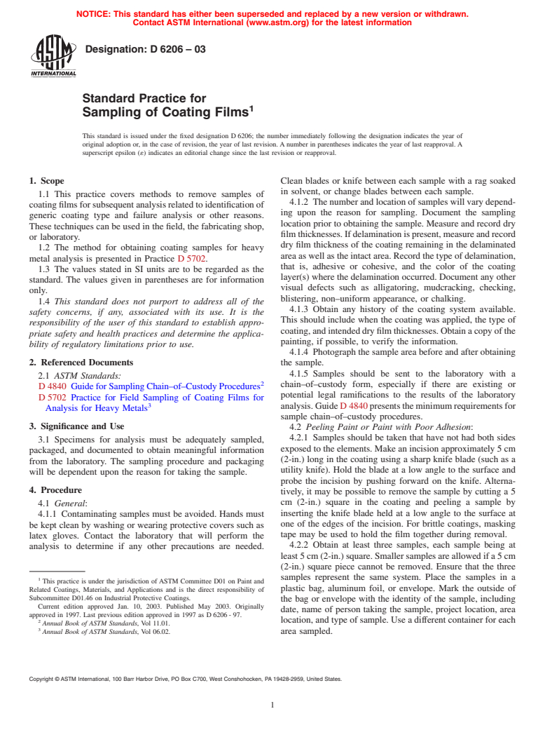 ASTM D6206-03 - Standard Practice for Sampling of Coating Films