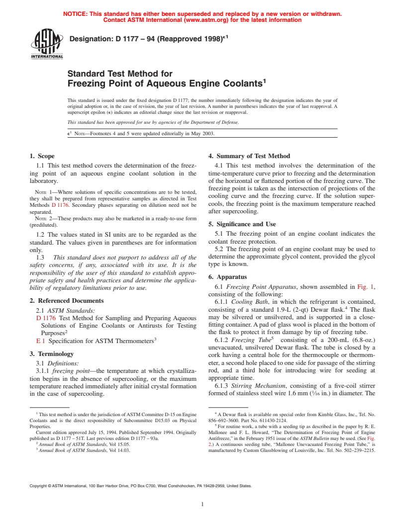 ASTM D1177-94(1998)e1 - Standard Test Method for Freezing Point of Aqueous Engine Coolants