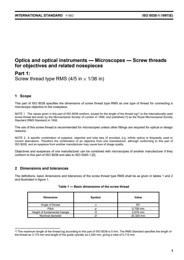 ISO 8038-1:1997 - Optics and optical instruments -- Microscopes -- Screw threads for objectives and related nosepieces