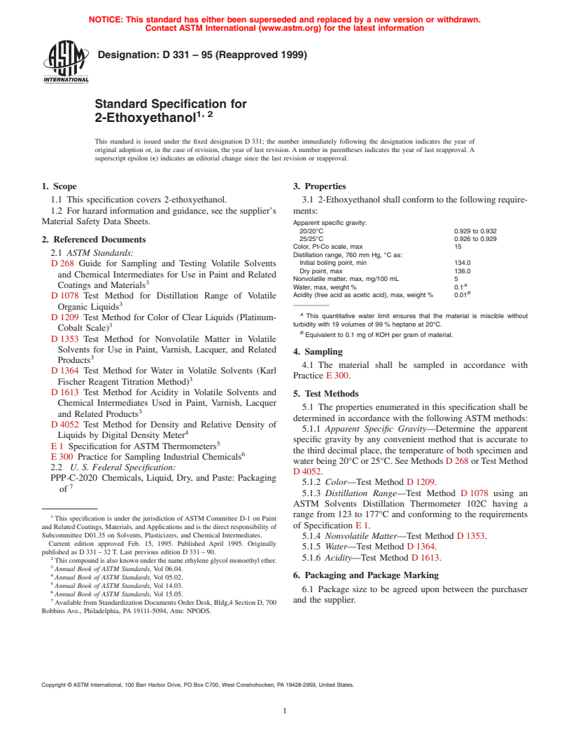 ASTM D331-95(1999) - Standard Specification for 2-Ethoxyethanol