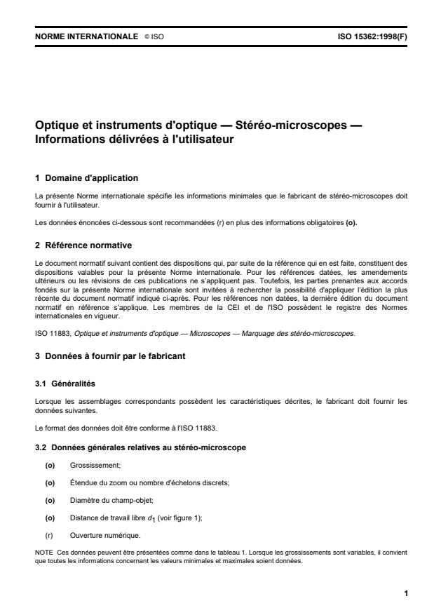 ISO 15362:1998 - Optique et instruments d'optique -- Stéréo-microscopes -- Informations délivrées a l'utilisateur