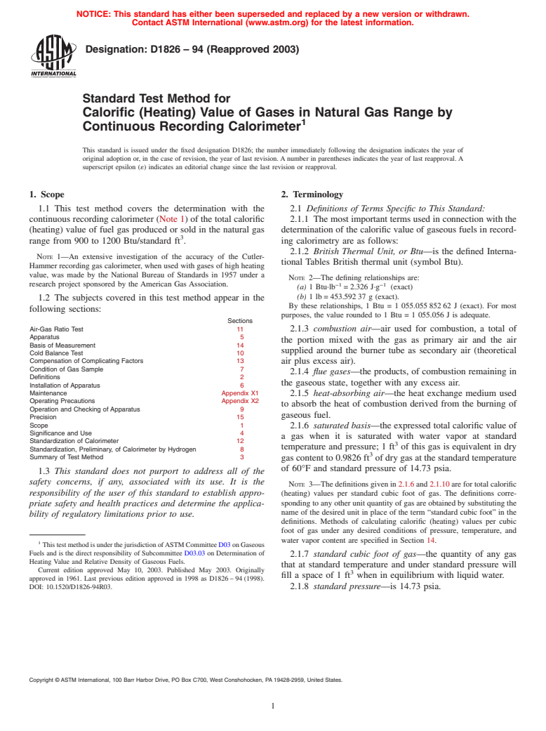 ASTM D1826-94(2003) - Standard Test Method for Calorific (Heating) Value of Gases in Natural Gas Range by Continuous Recording Calorimeter