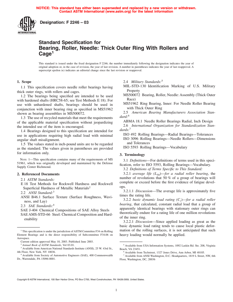 ASTM F2246-03 - Standard Specification for Bearing, Roller, Needle: Thick Outer Ring With Rollers and Cage