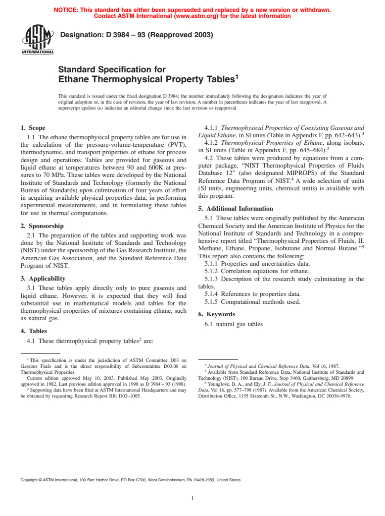 ASTM D3984-93(2003) - Standard Specification for Ethane Thermophysical Property Tables