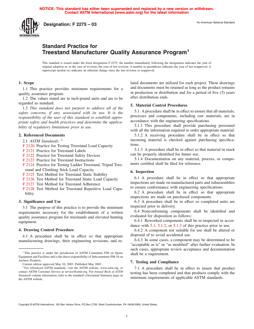 ASTM F2275-03 - Standard Practice for Treestand Manufacturer Quality Assurance Program