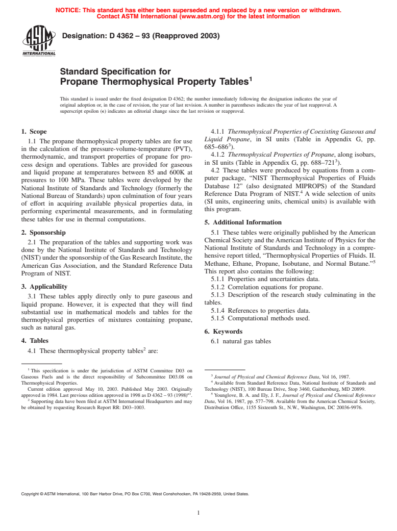 ASTM D4362-93(2003) - Standard Specification for Propane Thermophysical Property Tables