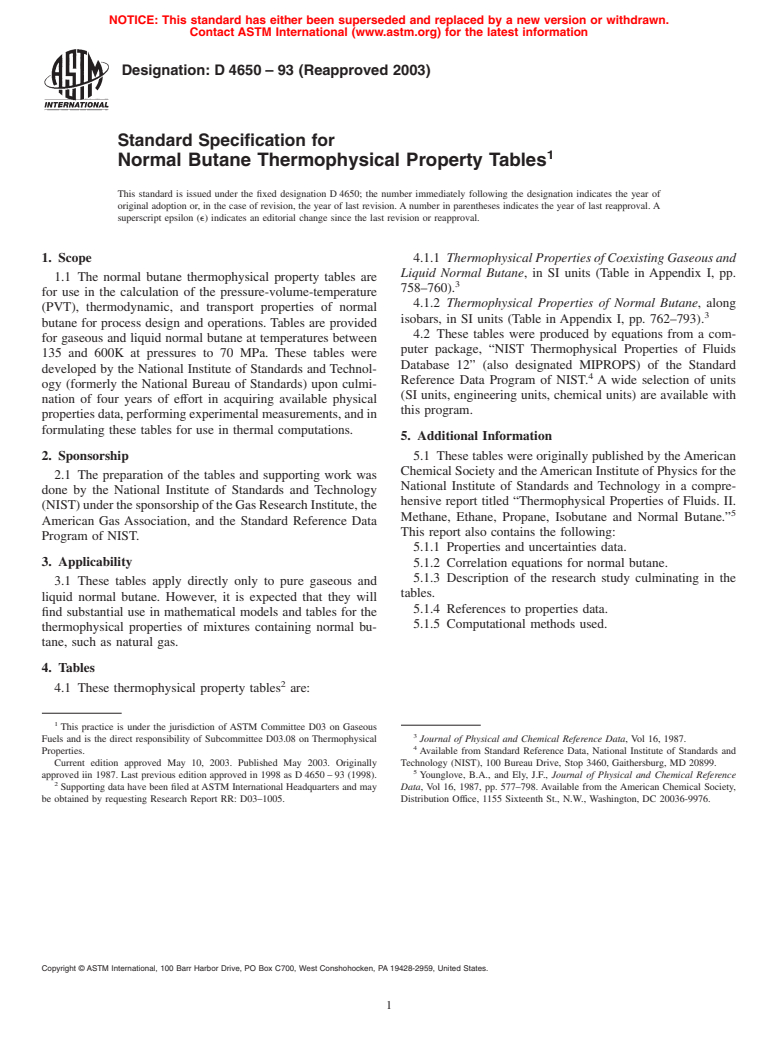 ASTM D4650-93(2003) - Standard Specification for Normal Butane Thermophysical Property Tables