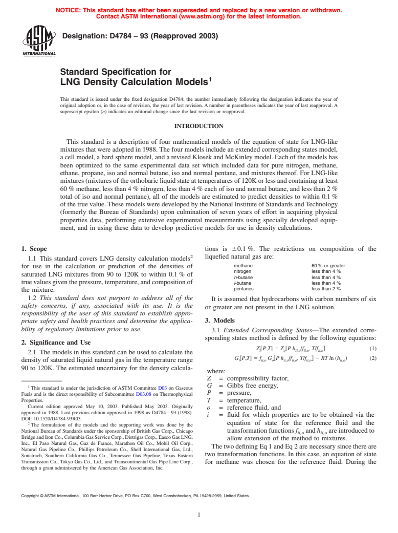 ASTM D4784-93(2003) - Standard for LNG Density Calculation Models