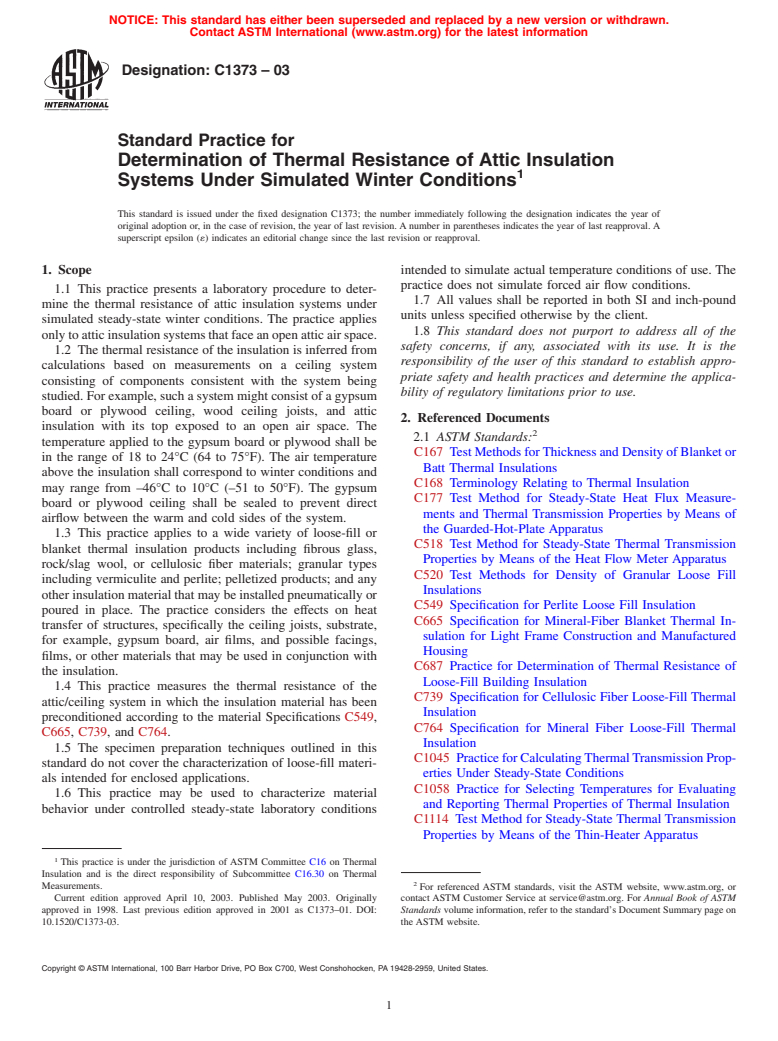 ASTM C1373-03 - Standard Practice for Determination of Thermal Resistance of Attic Insulation Systems Under Simulated Winter Conditions