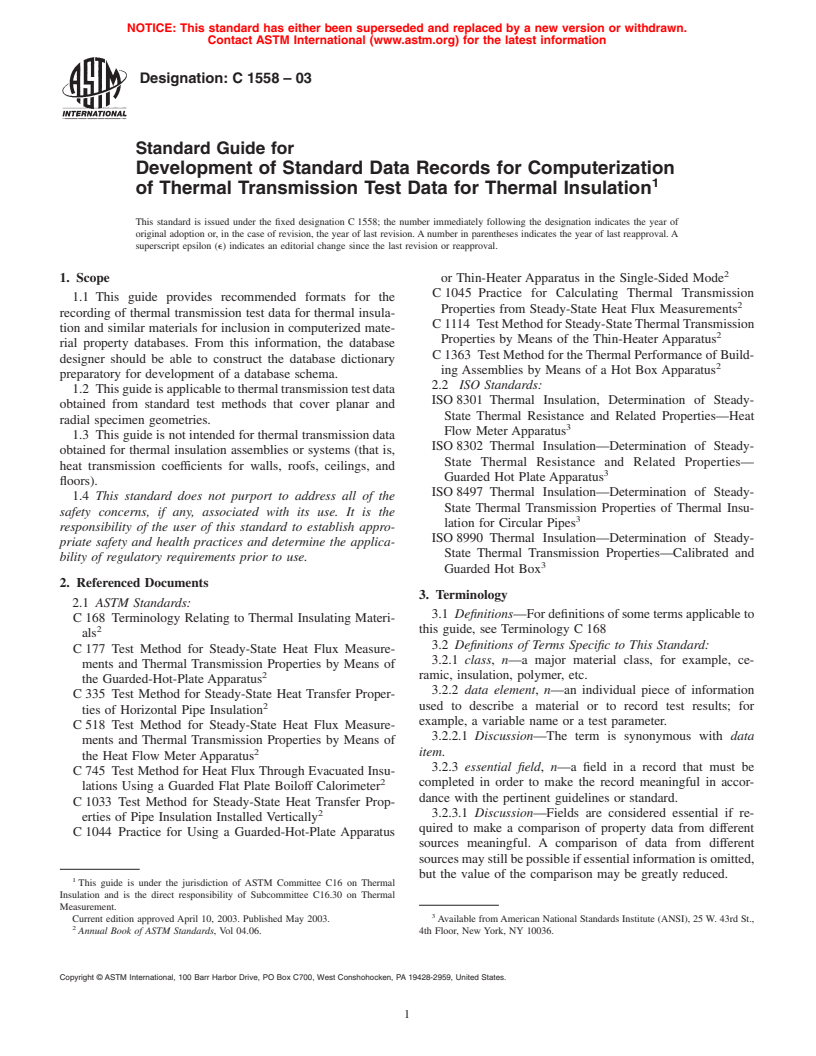 ASTM C1558-03 - Standard Guide for Development of Standard Data Records for Computerization of Thermal Transmission Test Data for Thermal Insulation