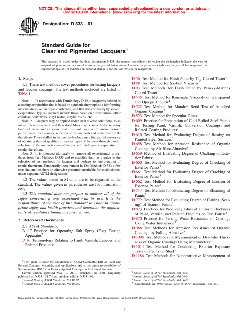 ASTM D333-01 - Standard Guide for Clear and Pigmented Lacquers