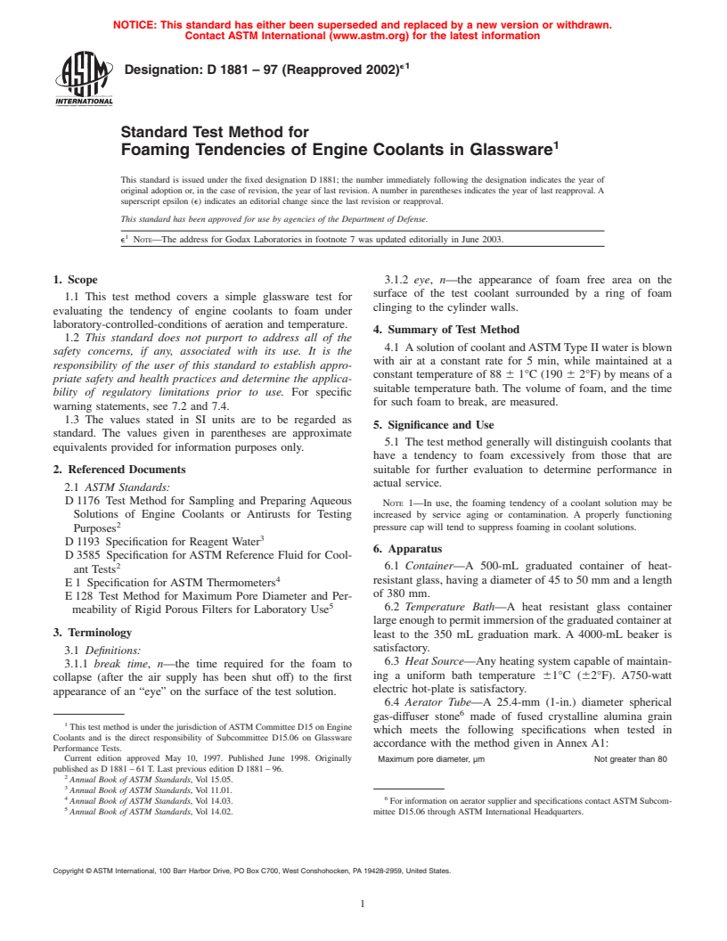 ASTM D1881-97(2002)e1 - Standard Test Method for Foaming Tendencies of Engine Coolants in Glassware