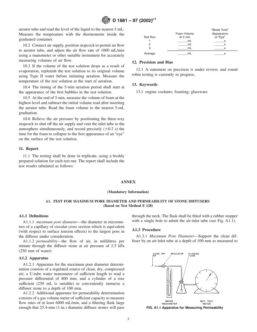 ASTM D1881-97(2002)e1 - Standard Test Method for Foaming Tendencies of Engine Coolants in Glassware