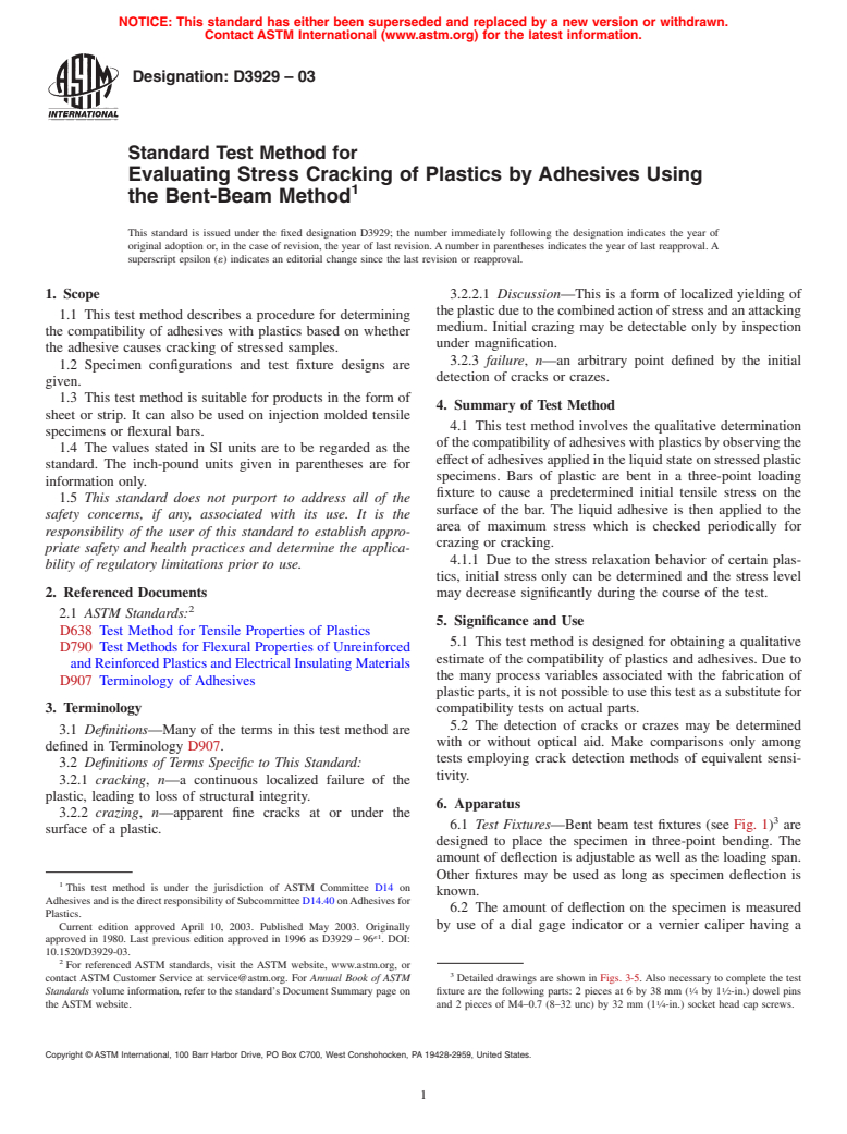 ASTM D3929-03 - Standard Test Method for Evaluating Stress Cracking of Plastics by Adhesives Using the Bent-Beam Method