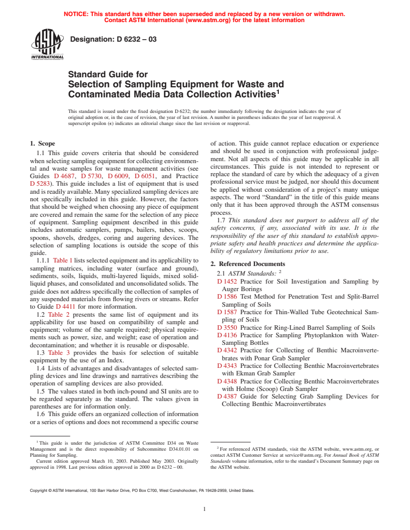 ASTM D6232-03 - Standard Guide for Selection of Sampling Equipment for Waste and Contaminated Media Data Collection Activities