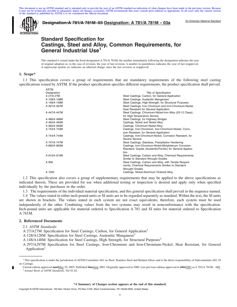 REDLINE ASTM A781/A781M-03a - Standard Specification for Castings, Steel and Alloy, Common Requirements, for General Industrial Use