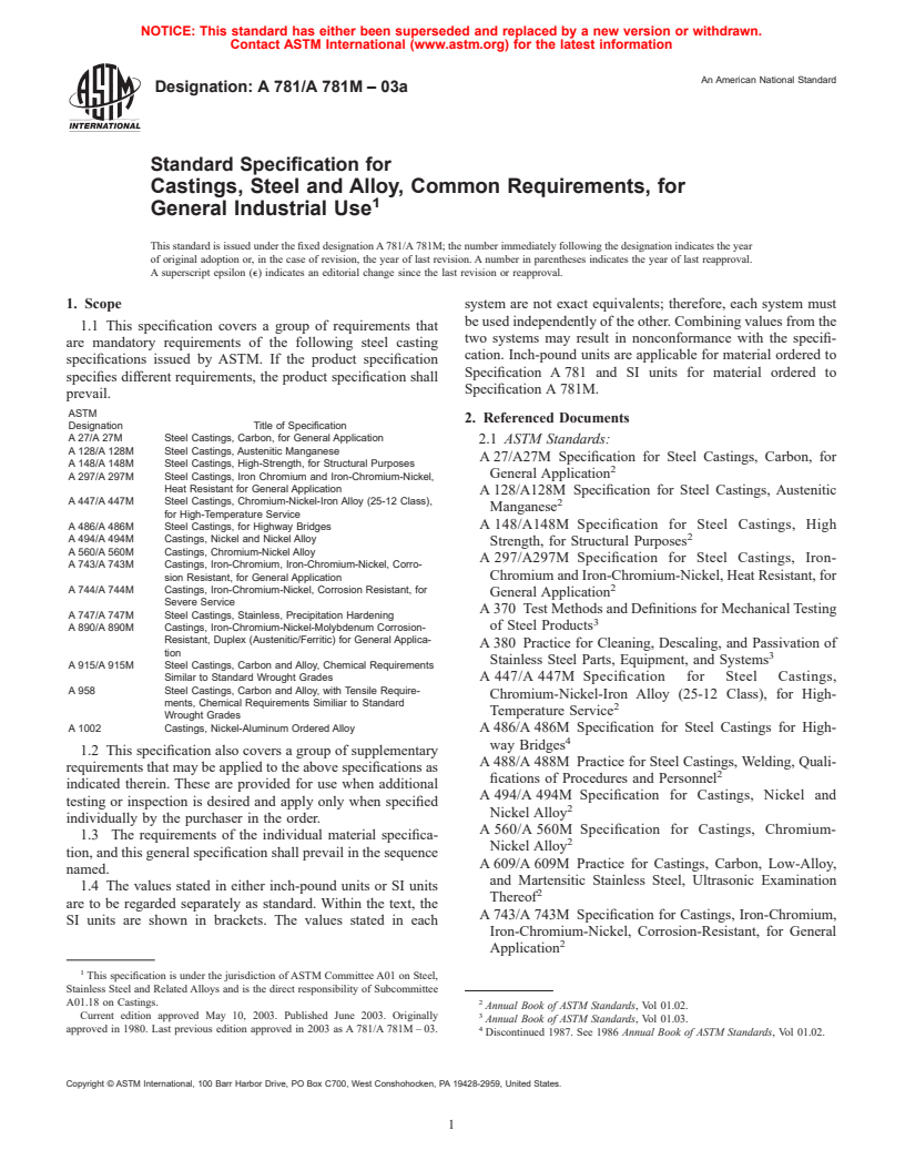 ASTM A781/A781M-03a - Standard Specification for Castings, Steel and Alloy, Common Requirements, for General Industrial Use