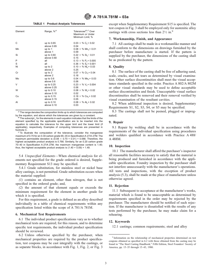 ASTM A781/A781M-03a - Standard Specification for Castings, Steel and Alloy, Common Requirements, for General Industrial Use