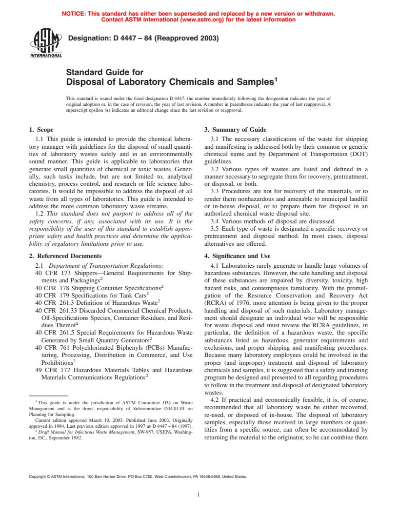 ASTM D4447-84(2003) - Standard Guide for Disposal of Laboratory Chemicals and Samples