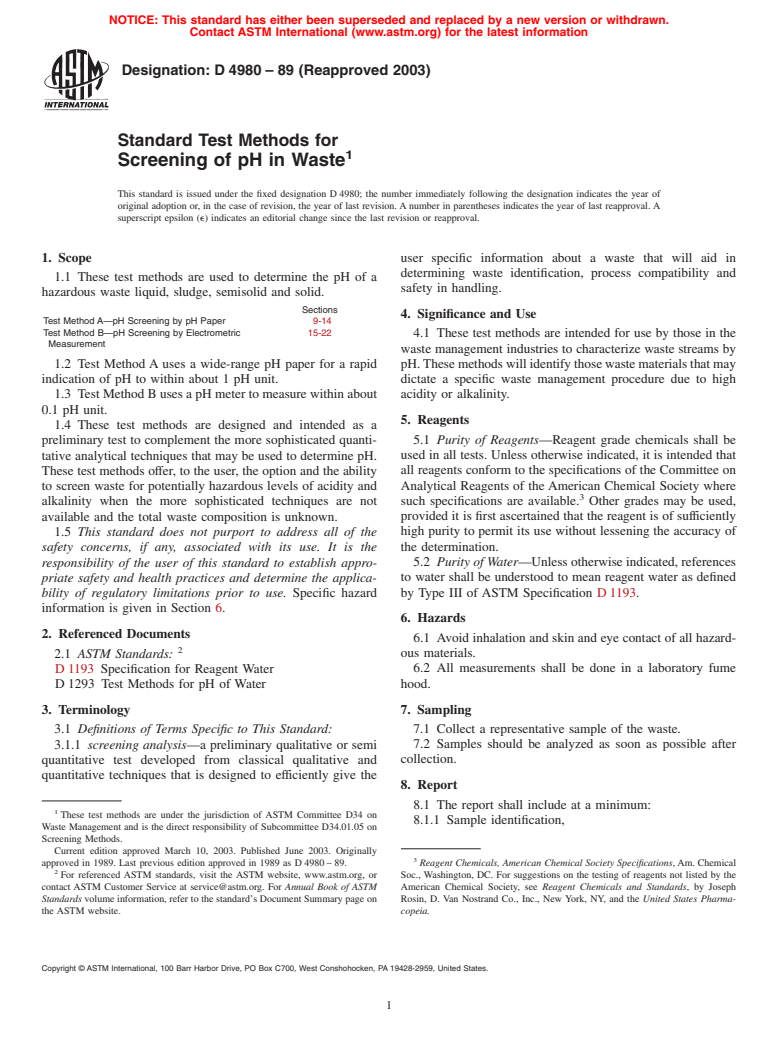 ASTM D4980-89(2003) - Standard Test Methods for Screening of pH in Waste (Withdrawn 2009)