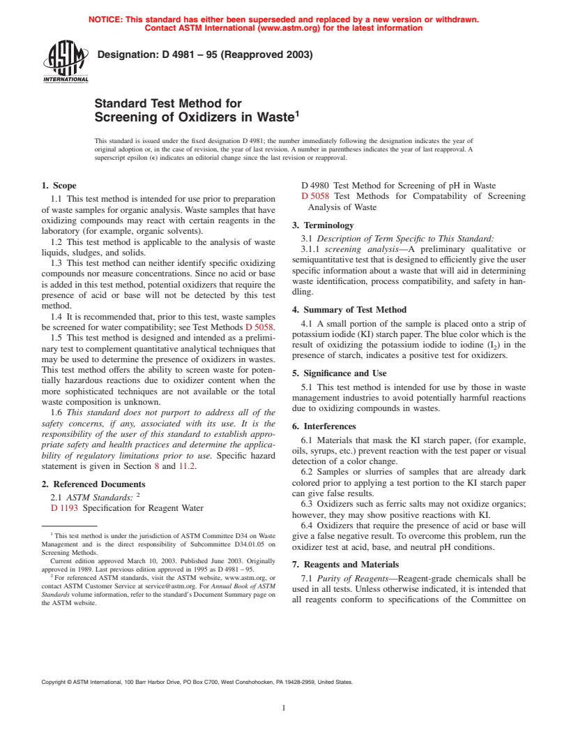 ASTM D4981-95(2003) - Standard Test Method for Screening of Oxidizers in Waste