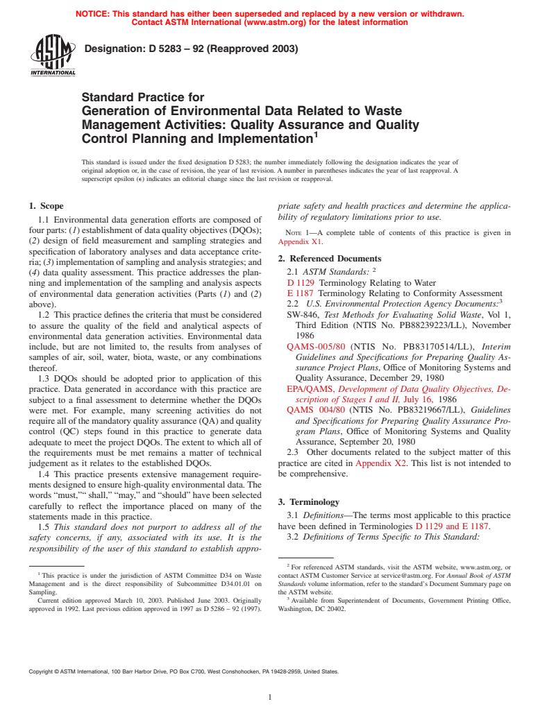 ASTM D5283-92(2003) - Standard Practice for Generation of Environmental Data Related to Waste Management Activities: Quality Assurance and Quality Control Planning and Implementation