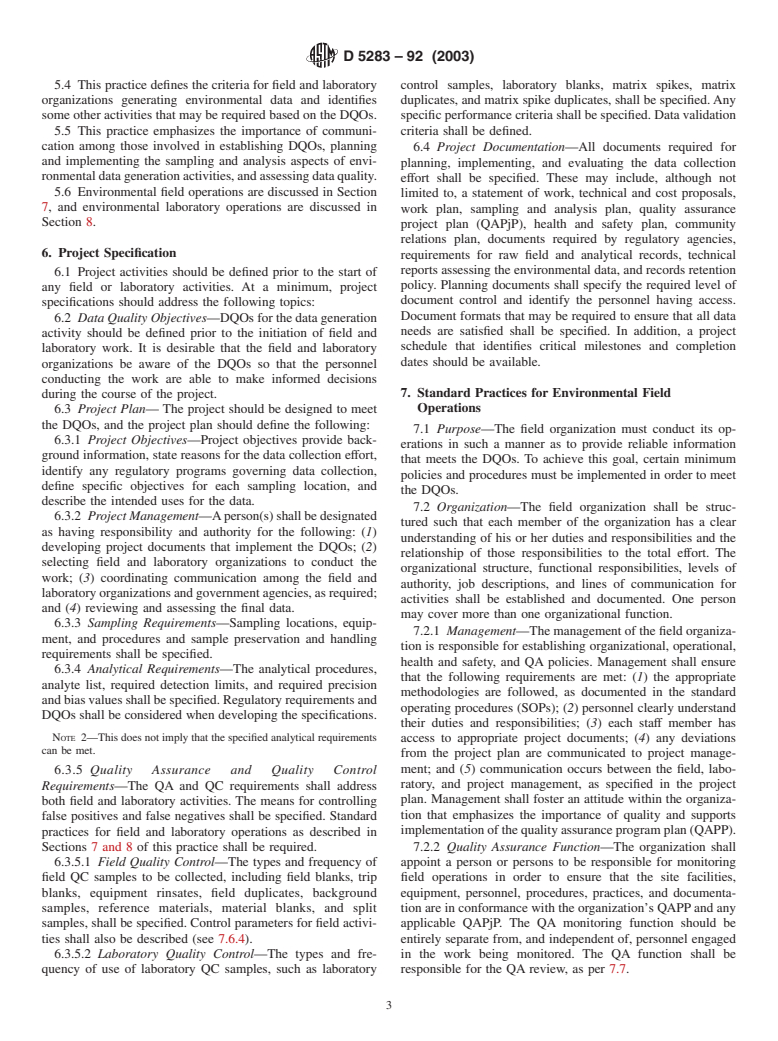 ASTM D5283-92(2003) - Standard Practice for Generation of Environmental Data Related to Waste Management Activities: Quality Assurance and Quality Control Planning and Implementation