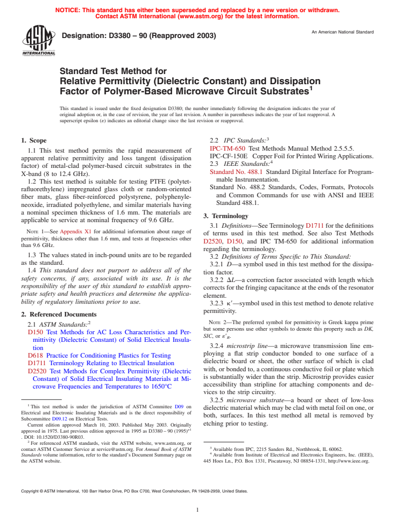 ASTM D3380-90(2003) - Standard Test Method for Relative Permittivity (Dielectric Constant) and Dissipation Factor of Polymer-Based Microwave Circuit Substrates