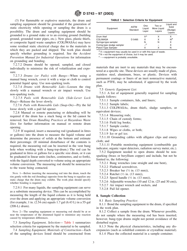 ASTM D5743-97(2003) - Standard Practice for Sampling Single or Multilayered Liquids, With or Without Solids, in Drums or Similar Containers