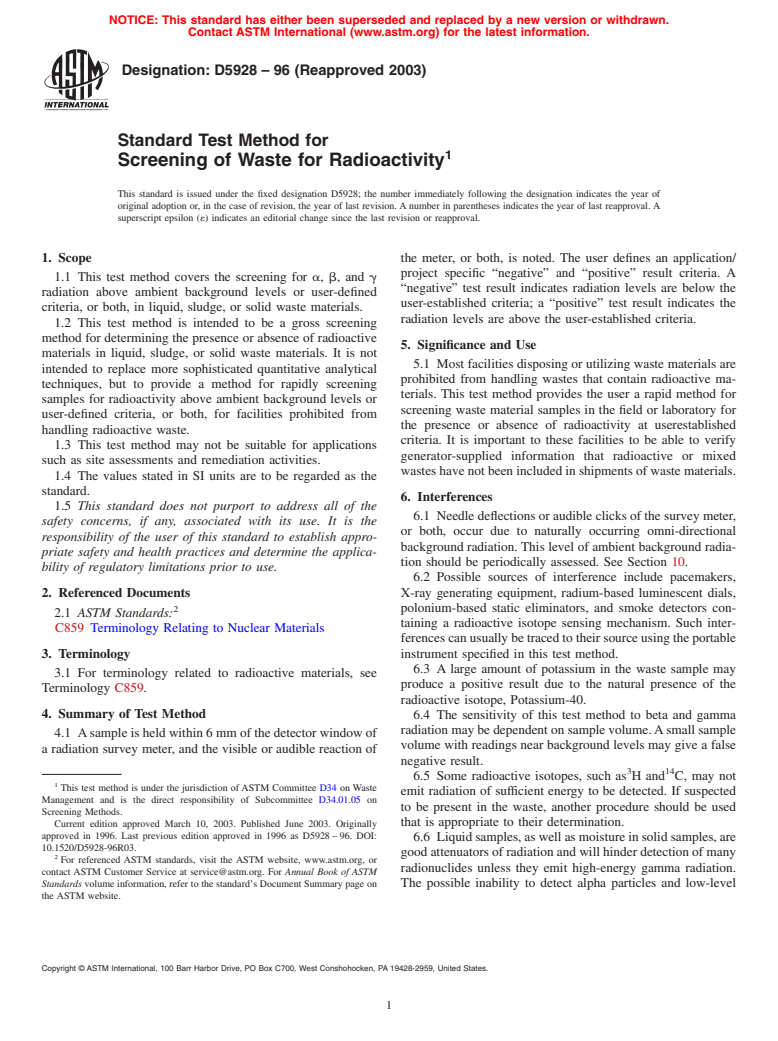 ASTM D5928-96(2003) - Standard Test Method for Screening of Waste for Radioactivity