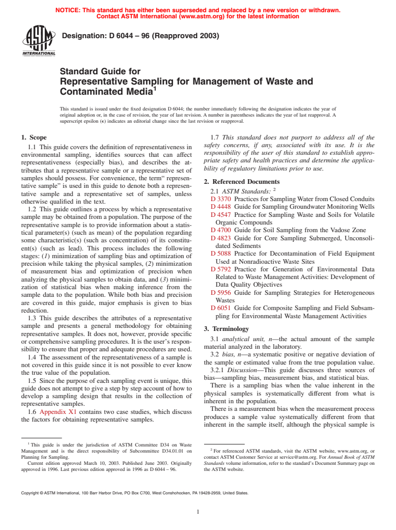 ASTM D6044-96(2003) - Standard Guide for Representative Sampling for Management of Waste and Contaminated Media