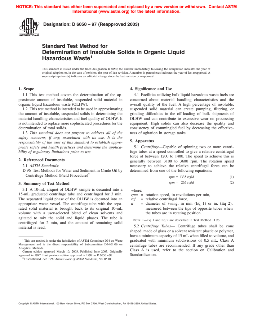 ASTM D6050-97(2003) - Standard Test Method for Determination of Insoluble Solids in Organic Liquid Hazardous Waste