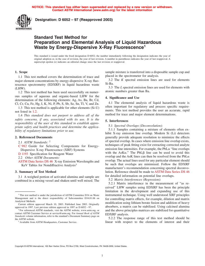 ASTM D6052-97(2003) - Standard Test Method for Preparation and Elemental Analysis of Liquid Hazardous Waste by Energy-Dispersive X-Ray Fluorescence