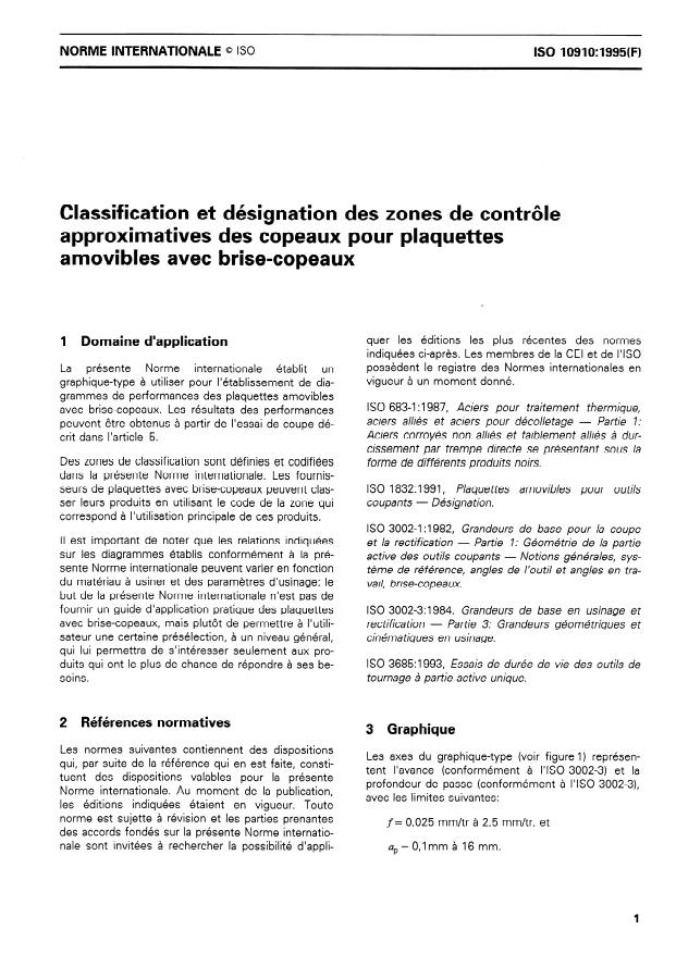ISO 10910:1995 - Classification et désignation des zones de contrôle approximatives des copeaux pour plaquettes amovibles avec brise-copeaux