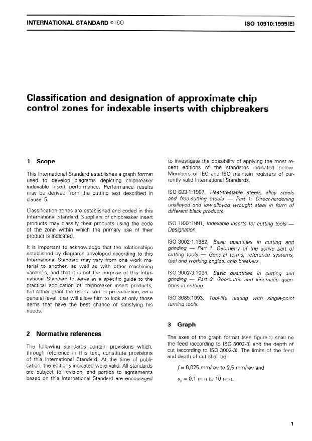 ISO 10910:1995 - Classification and designation of approximate chip control zones for indexable inserts with chipbreakers