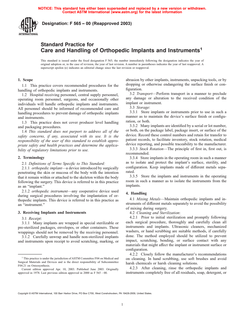 ASTM F565-00(2003) - Standard Practice for Care and Handling of Orthopedic Implants and Instruments