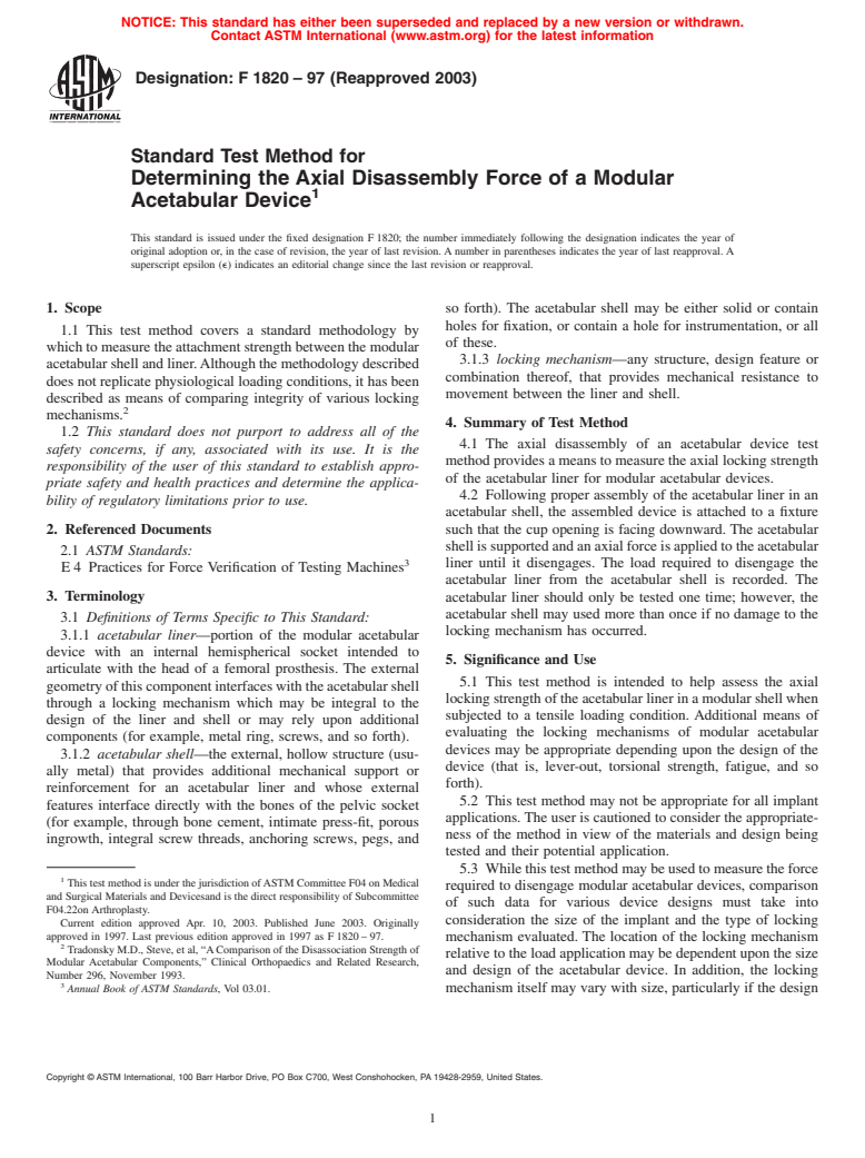 ASTM F1820-97(2003) - Standard Test Method for Determining the Axial Disassembly Force of a Modular Acetabular Device