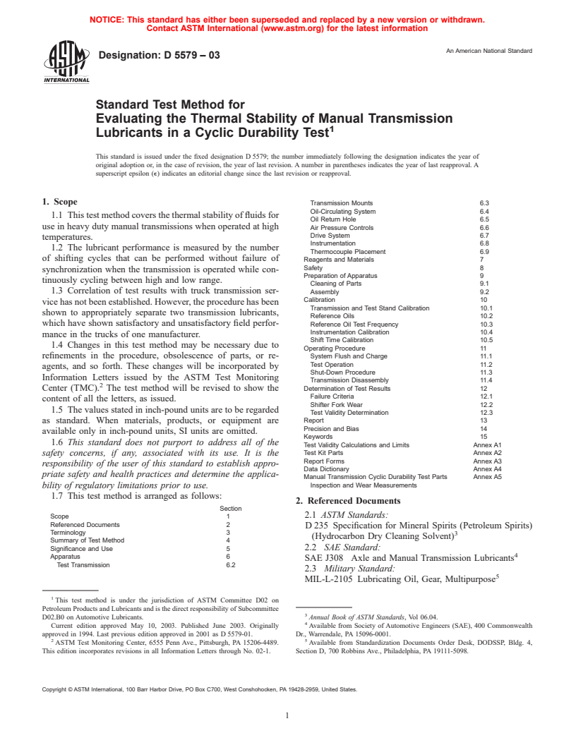ASTM D5579-03 - Standard Test Method for Evaluating the Thermal Stability of Manual Transmission Lubricants in a Cyclic Durability Test