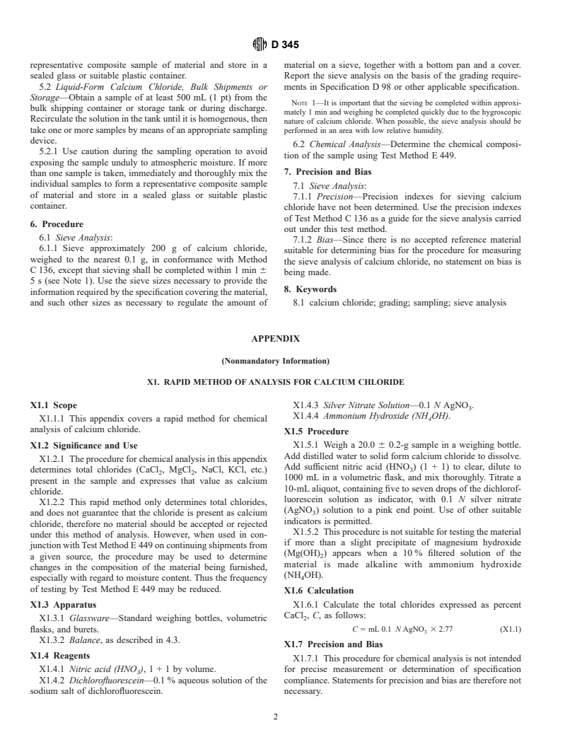 ASTM D345-97 - Standard Test Method for Sampling and Testing Calcium Chloride for Roads and Structural Applications