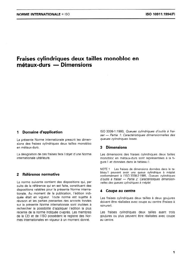 ISO 10911:1994 - Fraises cylindriques deux tailles monobloc en métaux-durs -- Dimensions
