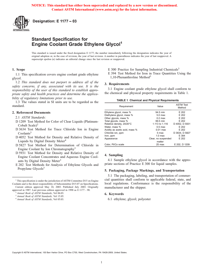 ASTM E1177-03 - Standard Specification for Engine Coolant Grade Ethylene Glycol