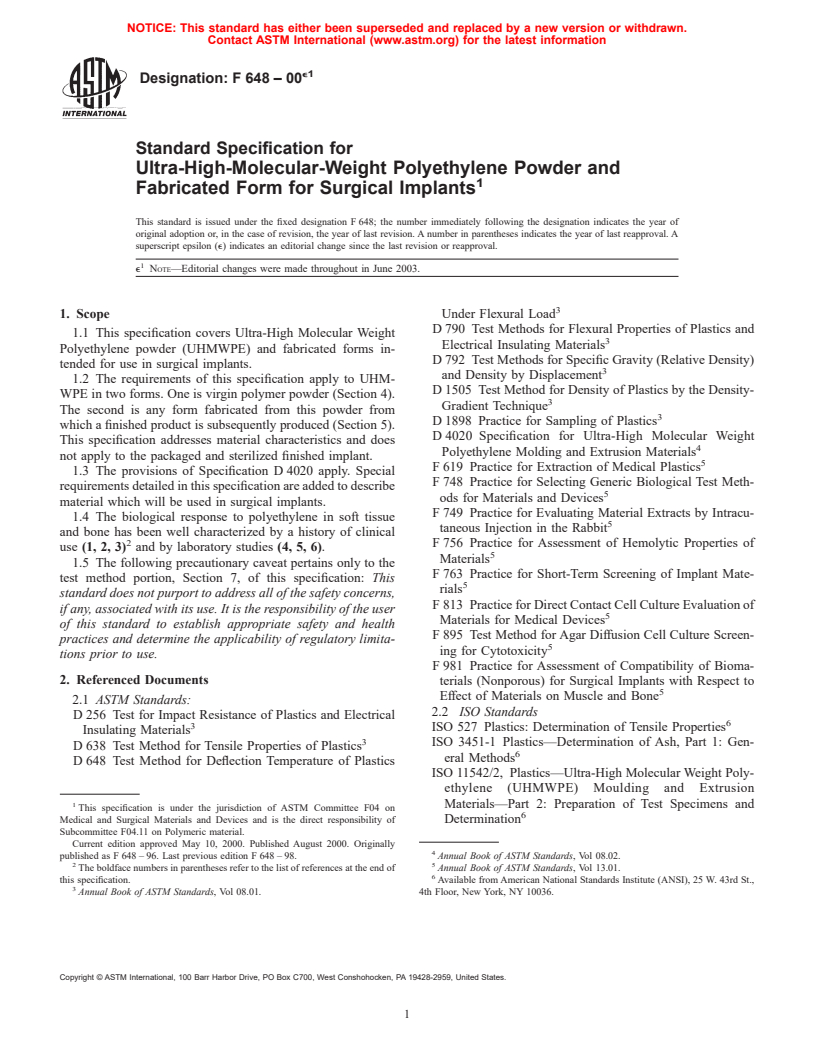 ASTM F648-00e1 - Standard Specification for Ultra-High-Molecular-Weight Polyethylene Powder and Fabricated Form for Surgical Implants