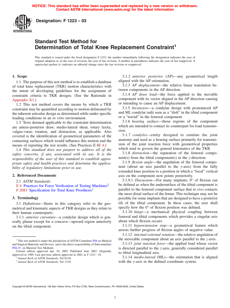 ASTM F1223-03 - Standard Test Method for Determination of Total Knee Replacement Constraint