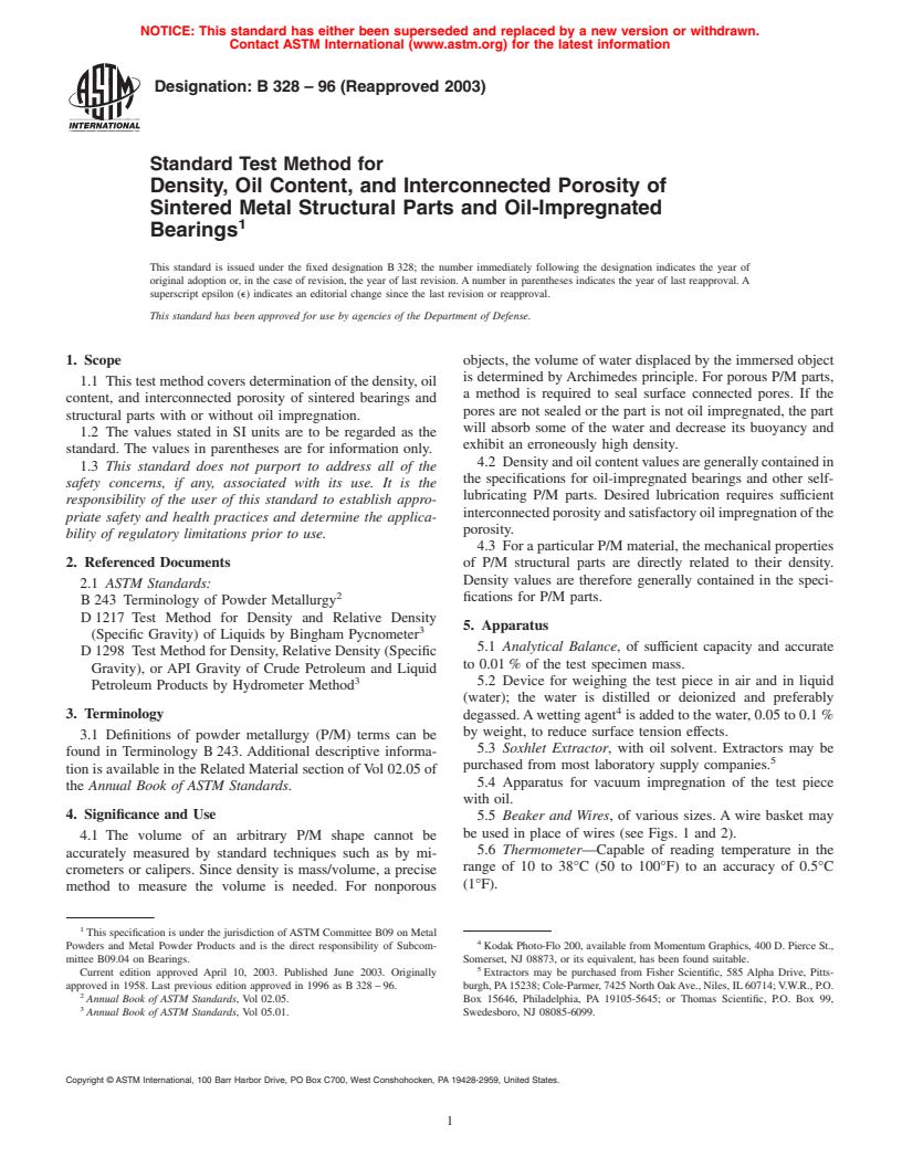 ASTM B328-96(2003) - Standard Test Method for Density, Oil Content, and Interconnected Porosity of Sintered Metal Structural Parts and Oil-Impregnated Bearings