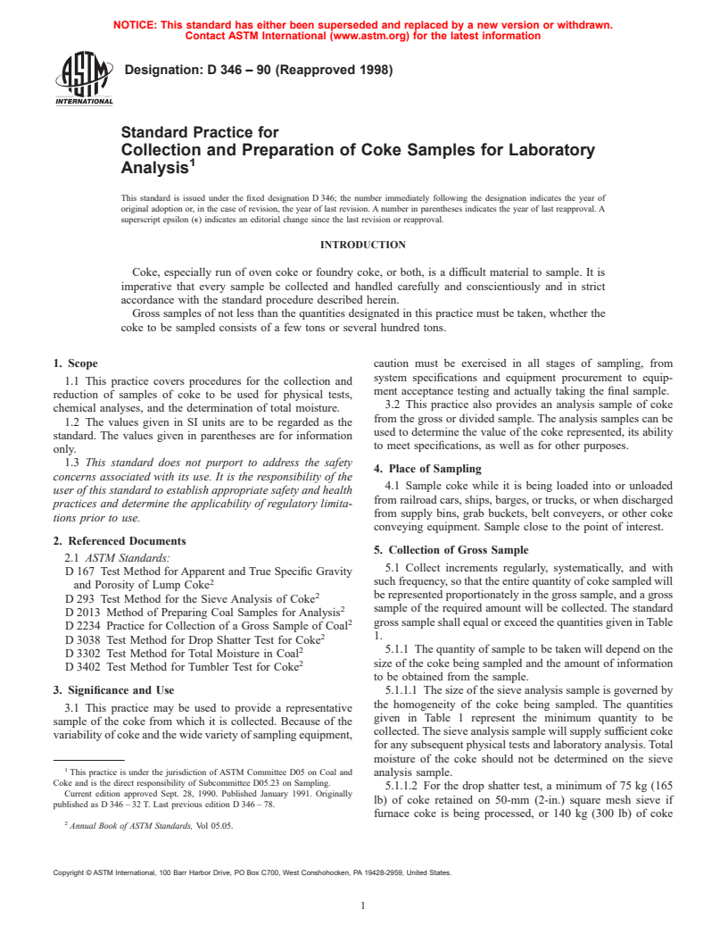 ASTM D346-90(1998) - Standard Practice for Collection and Preparation of Coke Samples for Laboratory Analysis