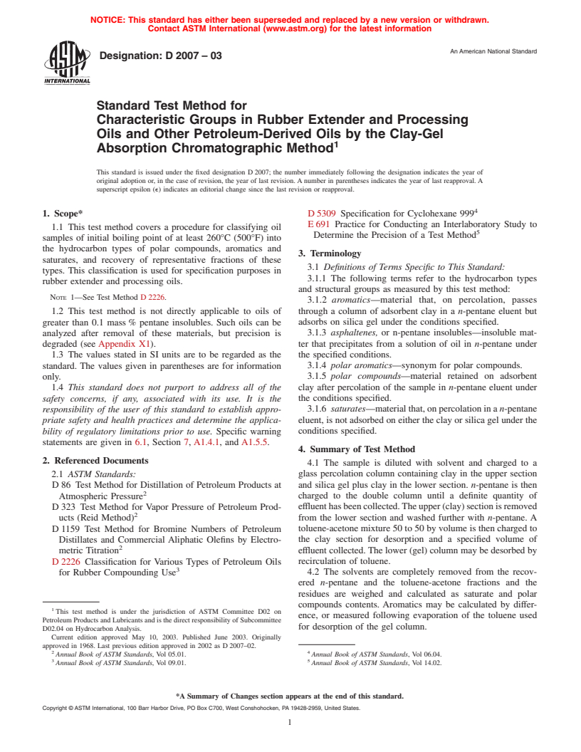 ASTM D2007-03 - Standard Test Method for Characteristic Groups in Rubber Extender and Processing Oils and Other Petroleum-Derived Oils by the Clay-Gel Absorption Chromatographic Method