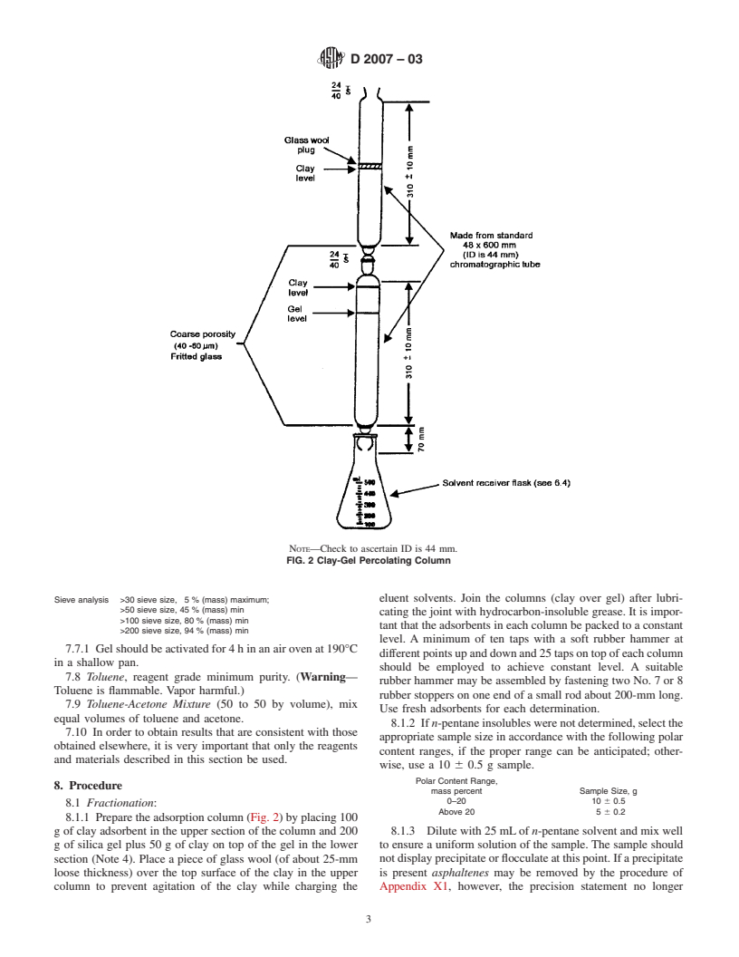 ASTM D2007-03 - Standard Test Method for Characteristic Groups in Rubber Extender and Processing Oils and Other Petroleum-Derived Oils by the Clay-Gel Absorption Chromatographic Method