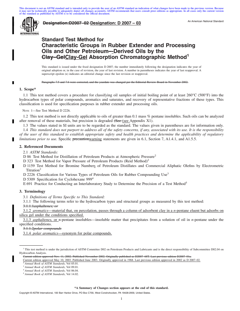 REDLINE ASTM D2007-03 - Standard Test Method for Characteristic Groups in Rubber Extender and Processing Oils and Other Petroleum-Derived Oils by the Clay-Gel Absorption Chromatographic Method