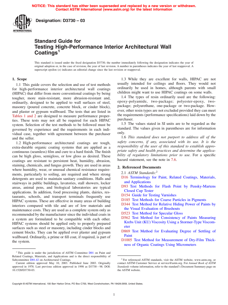 ASTM D3730-03 - Standard Guide for Testing High-Performance Interior Architectural Wall Coatings