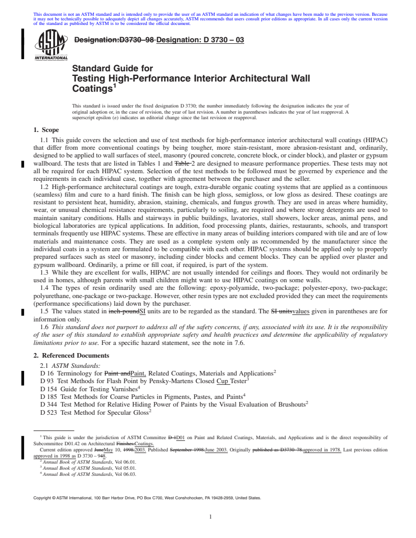 REDLINE ASTM D3730-03 - Standard Guide for Testing High-Performance Interior Architectural Wall Coatings